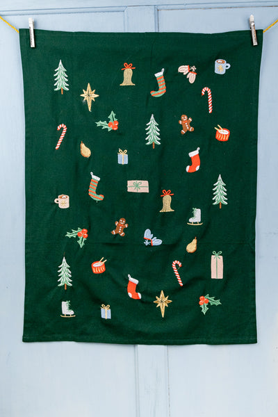 Signs of the Season Embroidered Holiday Tea Towel