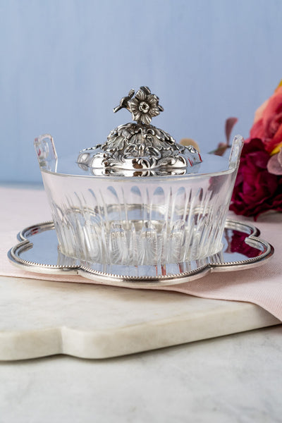Victorian Glass & Silverplate Dish with Sterling Silver Lid