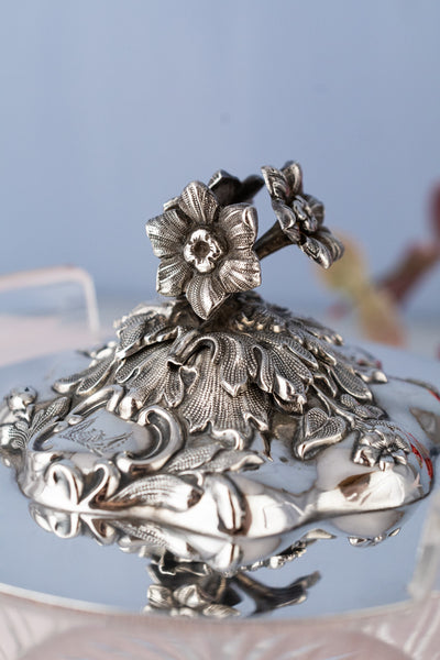 Victorian Glass & Silverplate Dish with Sterling Silver Lid