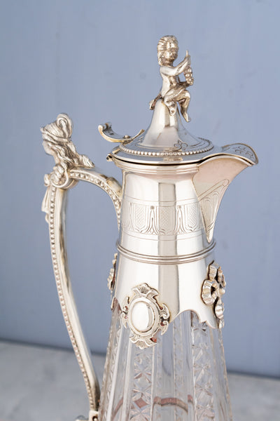 Victorian Silverplate & Engraved Crystal Wine Pitcher