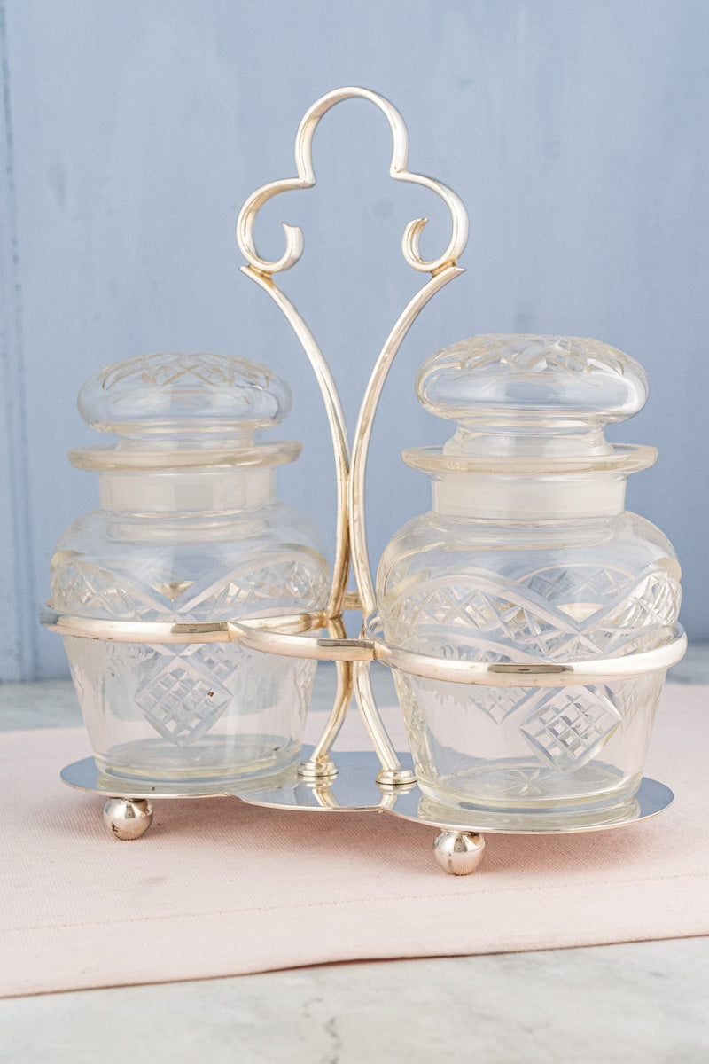 Deco Silverplate and Glass Double Pickle Castor