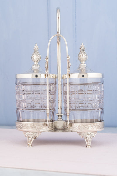 Victorian Silver and Glass Double Pickle Castor with Tongs