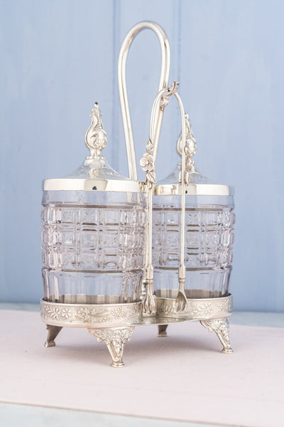 Victorian Silver and Glass Double Pickle Castor with Tongs