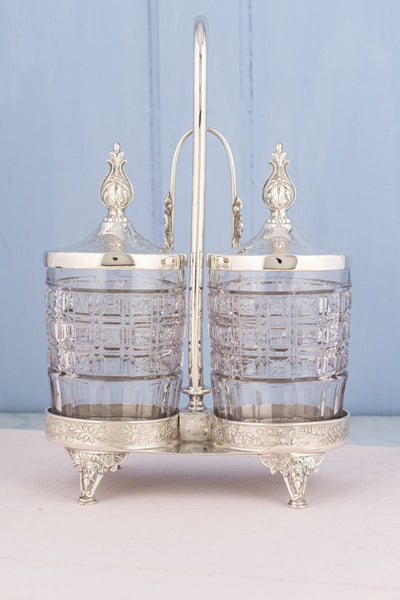 Victorian Silver and Glass Double Pickle Castor with Tongs