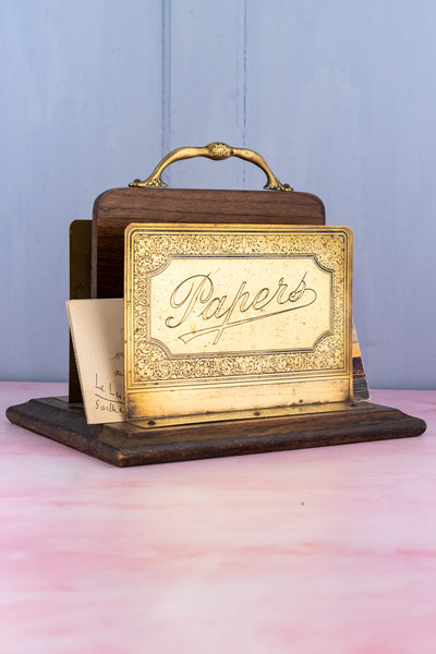 Vintage English Oak and Brass Letter Holder