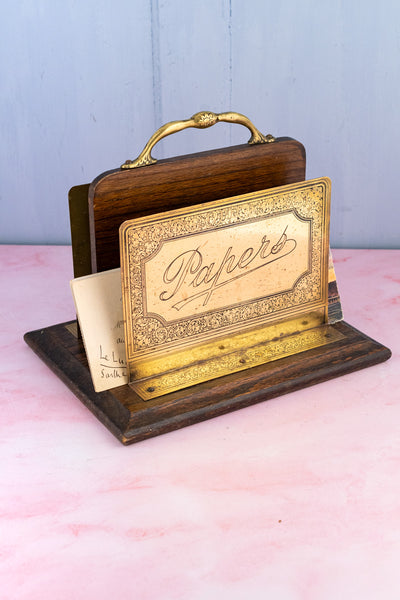 Vintage English Oak and Brass Letter Holder