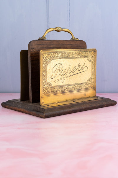 Vintage English Oak and Brass Letter Holder