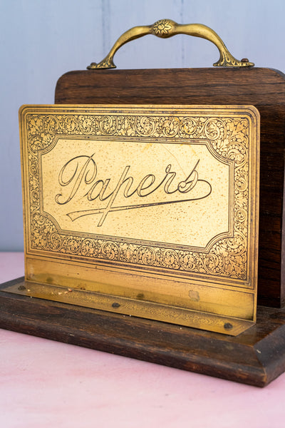 Vintage English Oak and Brass Letter Holder