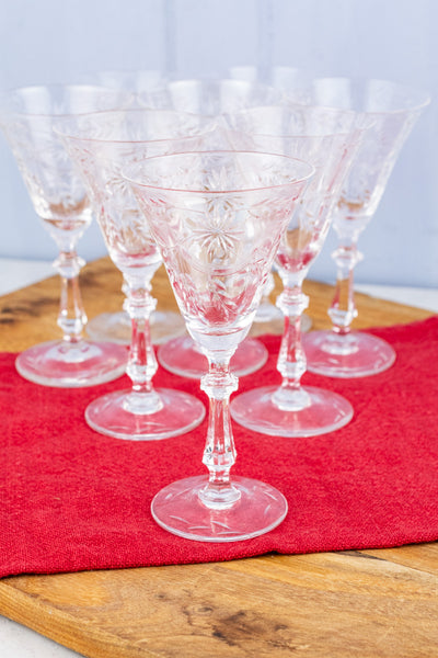 Vintage Etched Wine Glasses - Set of 8