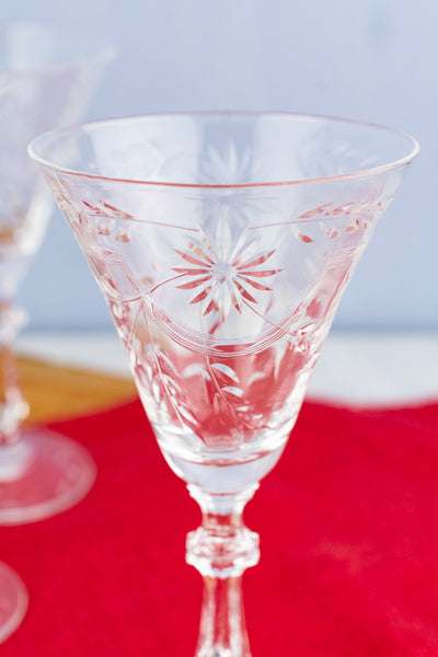 Vintage Etched Wine Glasses - Set of 8