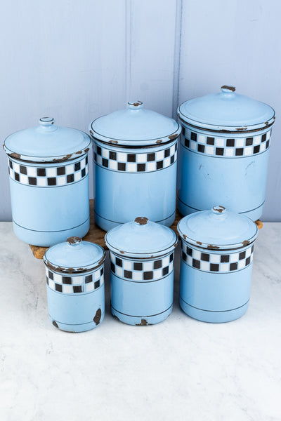 Vintage French Blue Enamel Canister Set - 6 Piece