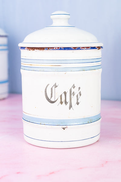 Vintage French Blue and White Enamel Canisters - Set of 4