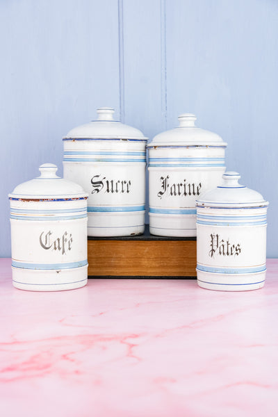 Vintage French Blue and White Enamel Canisters - Set of 4