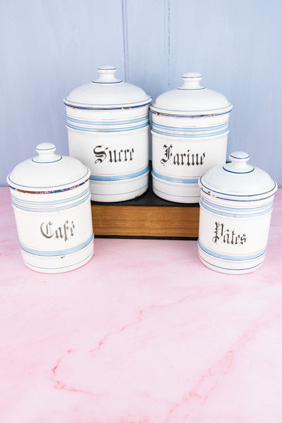 Vintage French Blue and White Enamel Canisters - Set of 4