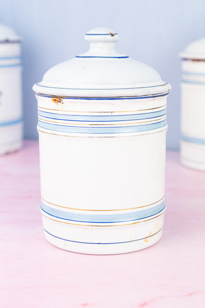 Vintage French Blue and White Enamel Canisters - Set of 4