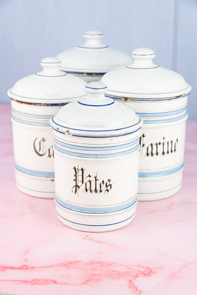 Vintage French Blue and White Enamel Canisters - Set of 4