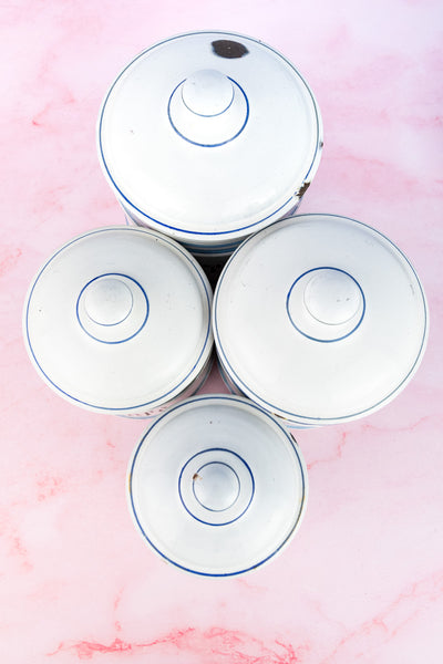 Vintage French Blue and White Enamel Canisters - Set of 4