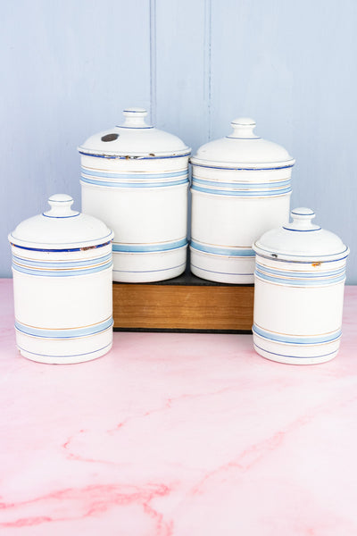 Vintage French Blue and White Enamel Canisters - Set of 4