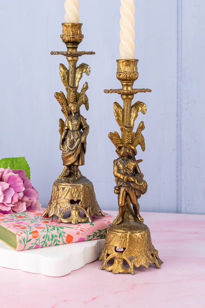 Vintage Gilt Metal Italian Figural Candlestick Pair