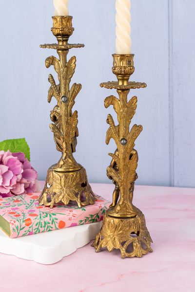 Vintage Gilt Metal Italian Figural Candlestick Pair