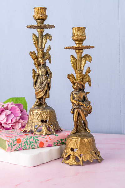 Vintage Gilt Metal Italian Figural Candlestick Pair