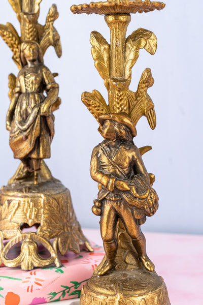 Vintage Gilt Metal Italian Figural Candlestick Pair