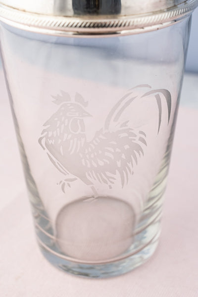 Vintage Glass & Silverplate Etched Cockerel Cocktail Shaker