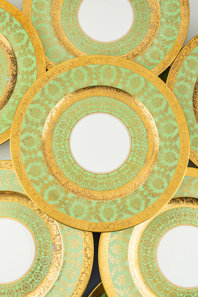 Vintage Green & Gold Encrusted Dinner Plates - Set of 12