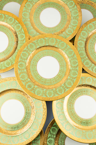 Vintage Green & Gold Encrusted Dinner Plates - Set of 12