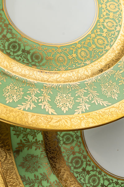 Vintage Green & Gold Encrusted Dinner Plates - Set of 12