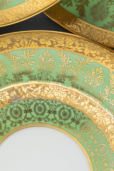 Vintage Green & Gold Encrusted Dinner Plates - Set of 12