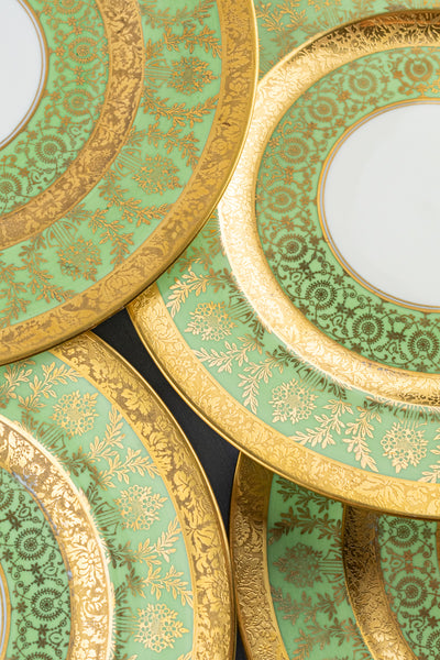 Vintage Green & Gold Encrusted Dinner Plates - Set of 12