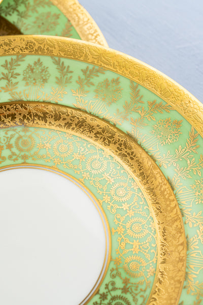 Vintage Green & Gold Encrusted Dinner Plates - Set of 12