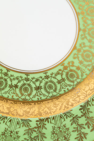 Vintage Green & Gold Encrusted Dinner Plates - Set of 12