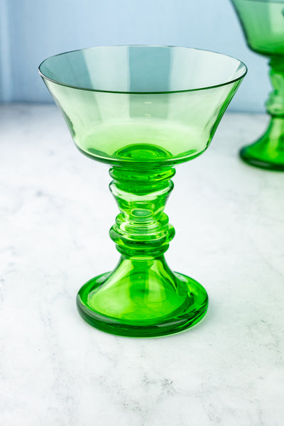 Vintage Hand-Made Green Glass Coupes - Set of 5