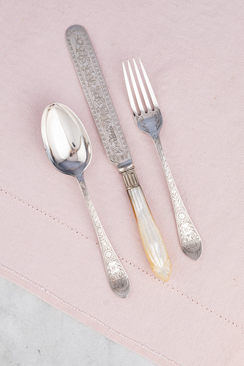 Victorian Silverplate Engraved 3-Piece Travel Cutlery Set