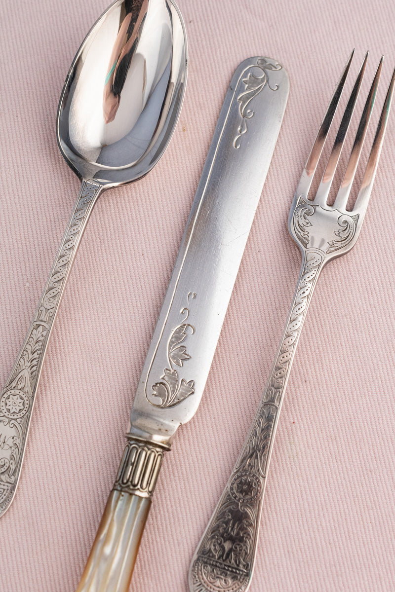Victorian Silverplate Engraved 3-Piece Travel Cutlery Set