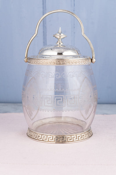 Antique Silverplate & Engraved Glass Biscuit Barrel