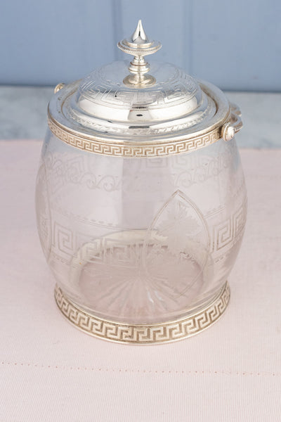 Antique Silverplate & Engraved Glass Biscuit Barrel