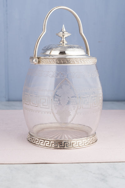 Antique Silverplate & Engraved Glass Biscuit Barrel