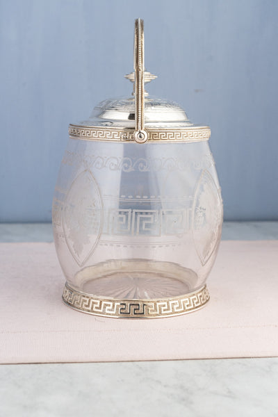 Antique Silverplate & Engraved Glass Biscuit Barrel