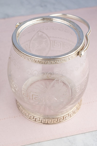 Antique Silverplate & Engraved Glass Biscuit Barrel