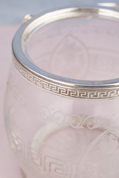 Antique Silverplate & Engraved Glass Biscuit Barrel