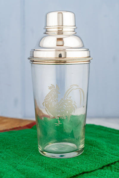 Vintage Silverplate & Etched Glass Rooster Cocktail Shaker