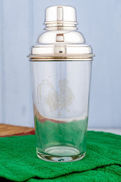 Vintage Silverplate & Etched Glass Rooster Cocktail Shaker