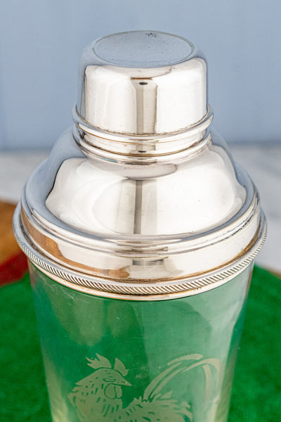 Vintage Silverplate & Etched Glass Rooster Cocktail Shaker