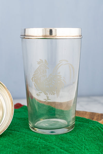 Vintage Silverplate & Etched Glass Rooster Cocktail Shaker
