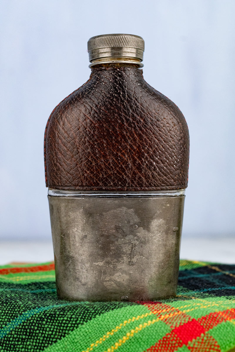 Antique English Pewter and Leather Flask with Cup
