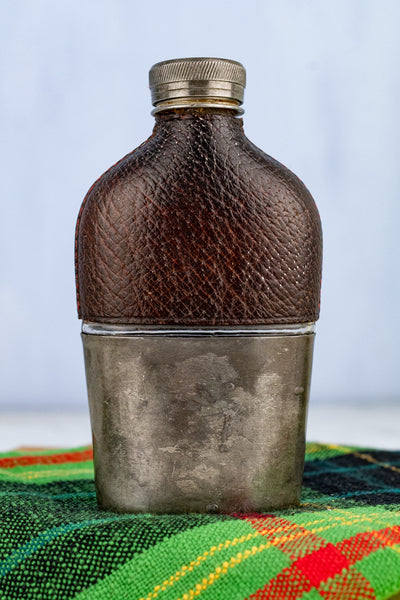 Antique English Pewter and Leather Flask with Cup