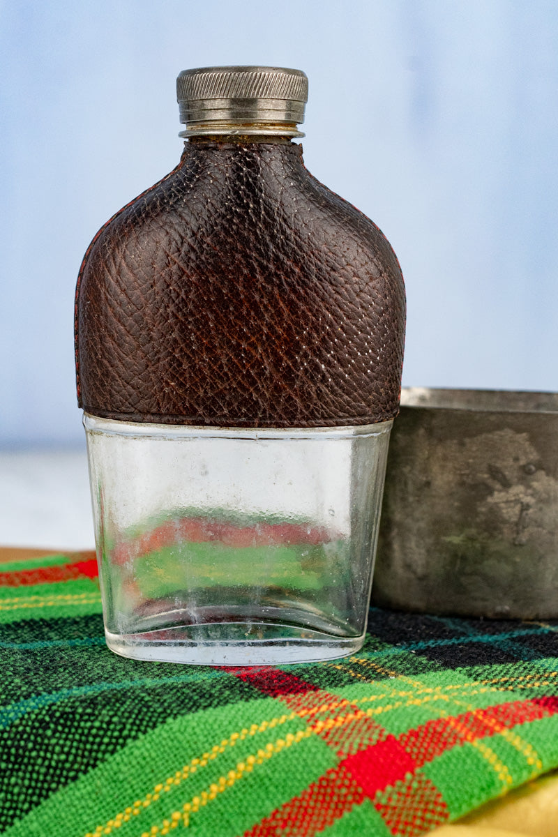 Antique English Pewter and Leather Flask with Cup